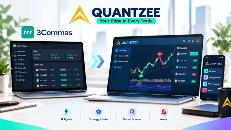 3Commas alternative comparison — 3Commas SmartTrade DCA and grid bot dashboard beside the Quantzee AI signals dashboard showing on-chart BUY and SELL signals, Strategy Builder, Market Scanner and Alerts on desktop and mobile