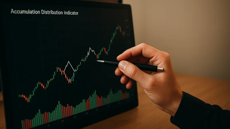 Two volume indicator lines diverging beneath a candlestick price chart
