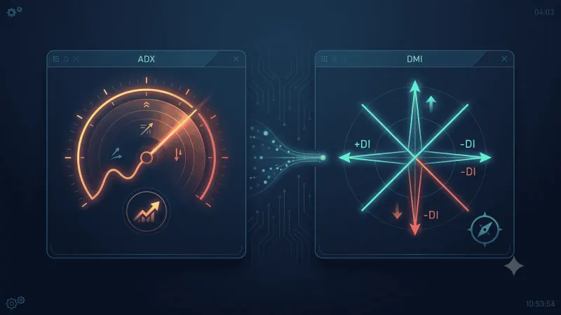 ADX trend-strength gauge next to a DMI compass showing +DI and -DI directional lines, illustrating why ADX and DMI are two different tools