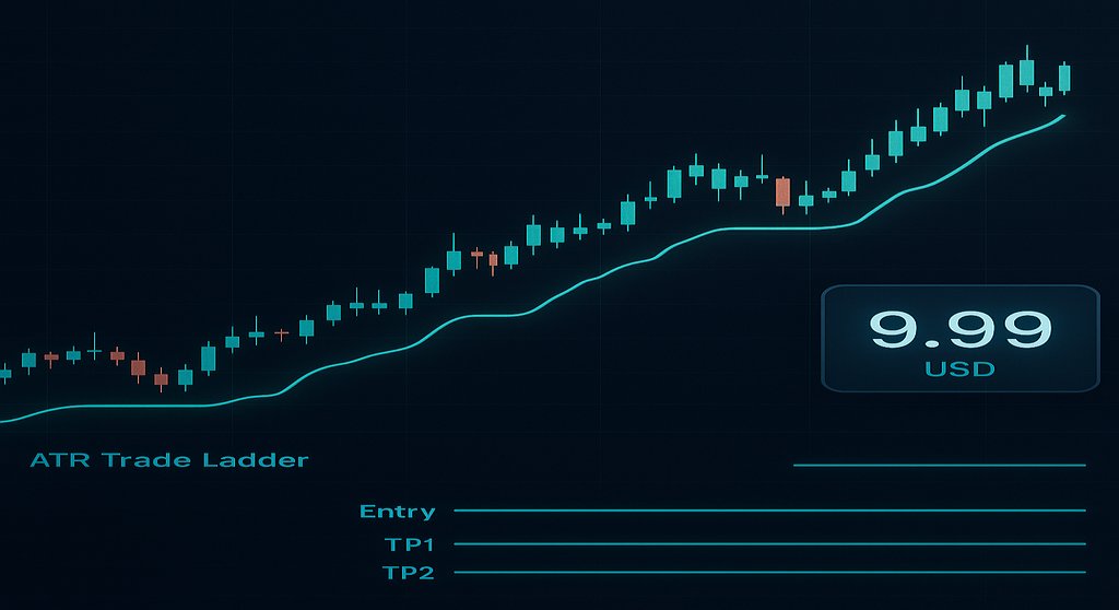 Dark navy trading chart with a teal SuperTrend indicator line, ATR trade ladder showing Entry, TP1, TP2 levels, and a $9.99 USD price badge — illustrating affordable TradingView indicators