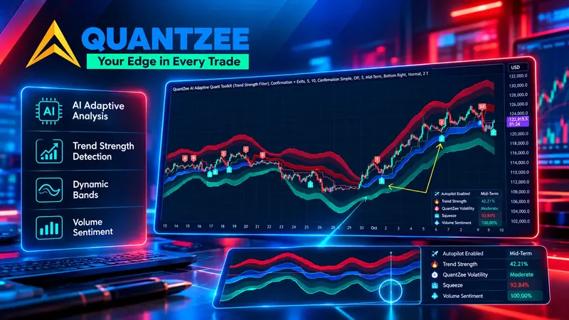 AI quant indicator regime detection in action — Quantzee AI Adaptive Quant Toolkit chart with dynamic volatility bands, numbered non-repainting signals and a live regime panel showing Mid-Term trend strength 42.21%, moderate volatility, 92.84% squeeze and 100% volume sentiment