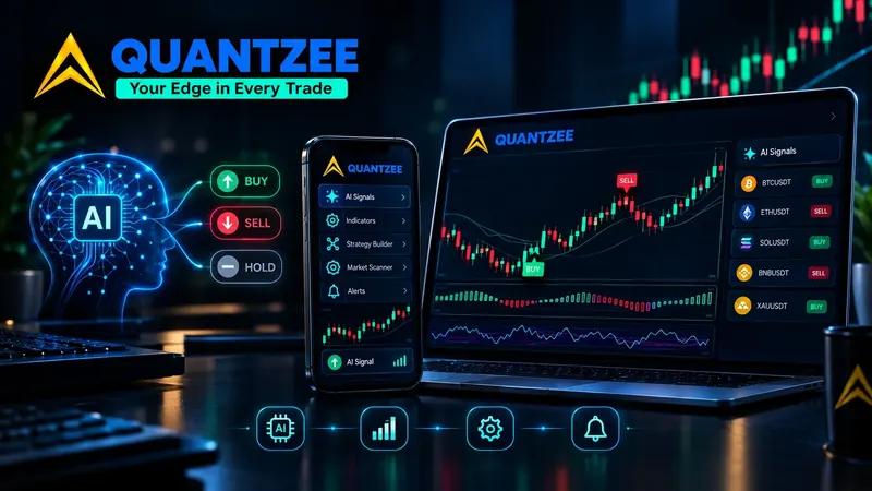 Quantzee AI signals alternative — AI-adaptive TradingView indicator suite shown on desktop and mobile with on-chart BUY, SELL and HOLD signals instead of Telegram alert feeds