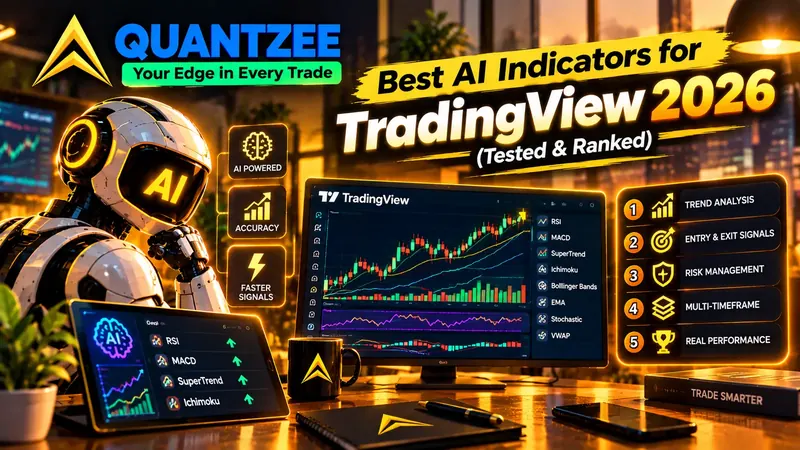 Best AI indicators for TradingView 2026 - Quantzee AI trading indicators showing RSI, MACD, SuperTrend and Ichimoku signals on a live TradingView chart