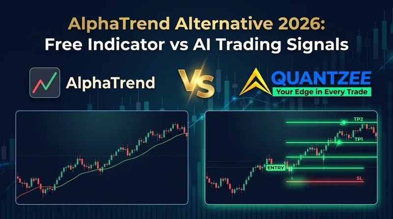AlphaTrend alternative 2026 comparison: free AlphaTrend trend indicator chart beside Quantzee's AI trading signals chart with entry, SL, TP1 and TP2 levels