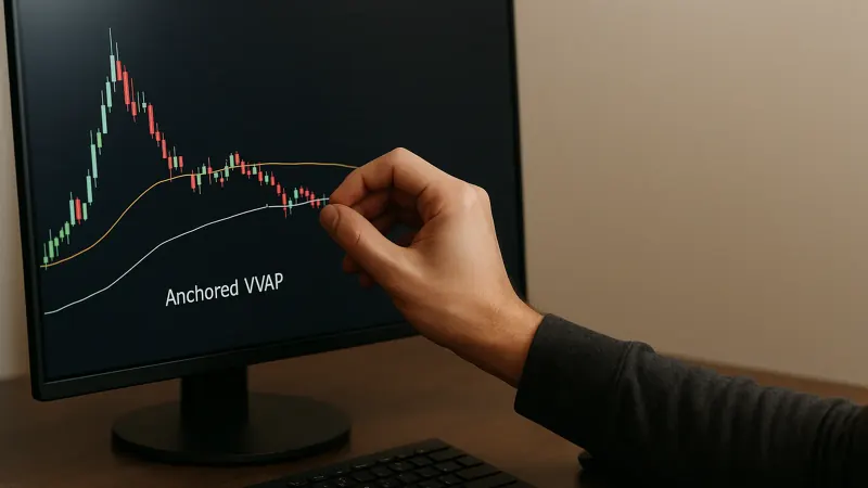 Candlestick chart with four anchored VWAP lines plotted from different starting points