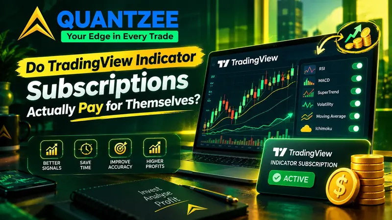 Are TradingView indicator subscriptions worth it — a TradingView candlestick chart with RSI, MACD, SuperTrend and Ichimoku toggled on, beside an active indicator subscription card and stacked gold coins weighing subscription cost against return