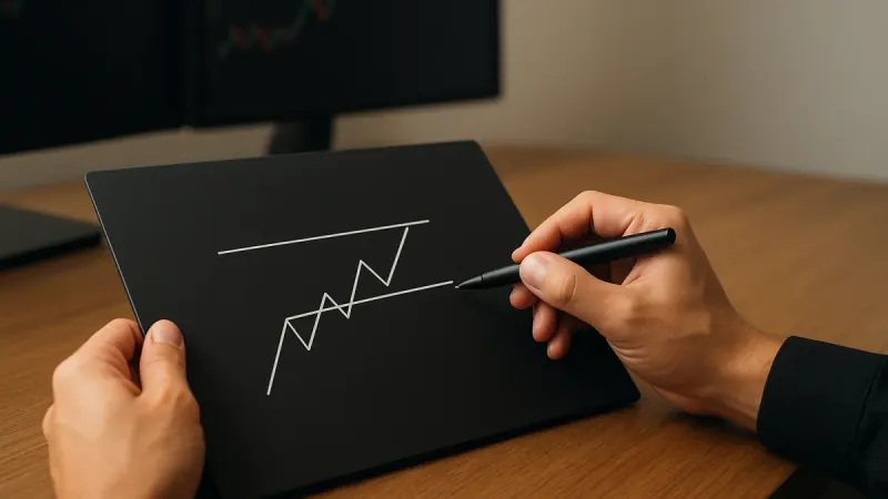 Candlestick chart showing an ascending triangle with a flat resistance line and rising support trendline