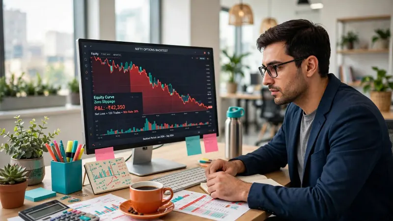 Trader at a desk reviewing a NIFTY options backtest dashboard showing a declining red equity curve, negative P&L, and a 38% win rate on 120 trades