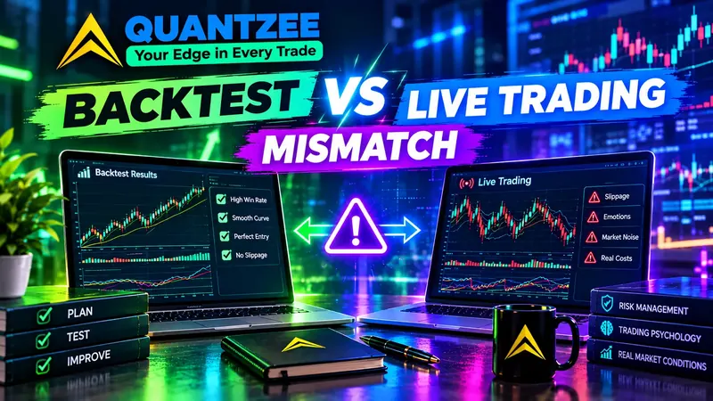 Backtest vs live trading mismatch — side-by-side laptops comparing a smooth backtest equity curve marked high win rate, smooth curve, perfect entry and no slippage against a choppy live trading chart flagging slippage, emotions, market noise and real costs, with Plan, Test, Improve and risk management, trading psychology and real market conditions