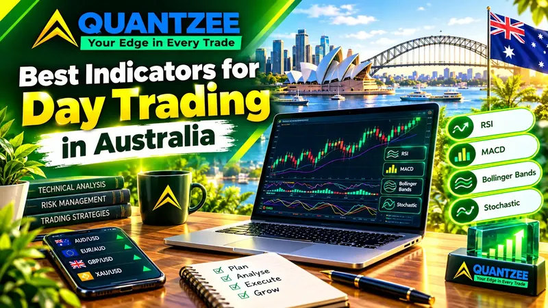 Best indicators for day trading in Australia - RSI, MACD, Bollinger Bands and Stochastic on a TradingView chart with AUD/USD and the Sydney skyline