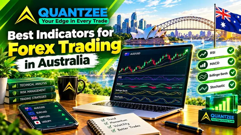 Best indicators for forex trading in Australia: AUD/USD chart with RSI, MACD, Bollinger Bands and Stochastic over the Sydney skyline