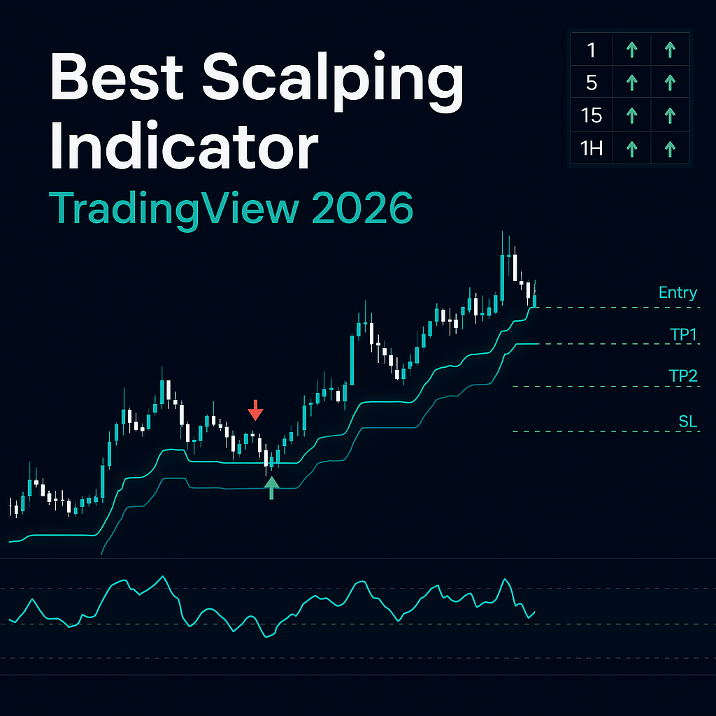 Best scalping indicator TradingView 2026 — dual-SuperTrend confluence signals with ATR ladder and RSI adaptive bands on a 1-minute chart