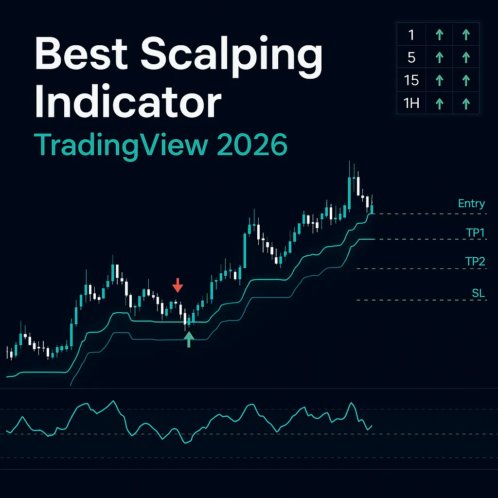 Best scalping indicator TradingView 2026 — dual-SuperTrend confluence signals with ATR ladder and RSI adaptive bands on a 1-minute chart