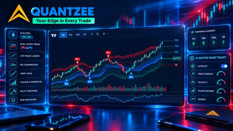 Best scalping indicator for TradingView — Quantzee dual-SuperTrend buy and sell signals on a 1-minute chart with ATR trade ladder (TP1/TP2/TP3/SL), RSI confirmation, VWAP bias and multi-timeframe alignment panel