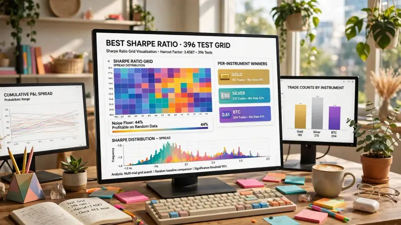 Best Sharpe ratio 396-test parameter sweep grid on a dashboard, showing the 3.4587 multiple-testing haircut factor, 44% noise-floor result, and per-instrument Gold, Silver and BTC Sharpe ratio winners