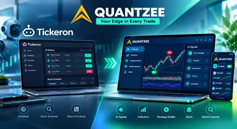 Tickeron alternative comparison chart showing Quantzee's non-repainting TradingView indicators vs Tickeron AI signals