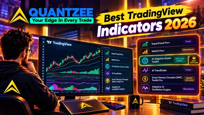 Best TradingView indicators 2026 — trader at a TradingView candlestick chart beside Quantzee's ranked indicator list, with the AI Adaptive Quant Toolkit marked most popular