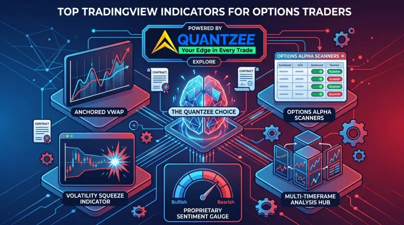 Infographic of the best TradingView indicators for options traders - anchored VWAP, volatility squeeze indicator, sentiment gauge, options alpha scanners and multi-timeframe analysis hub