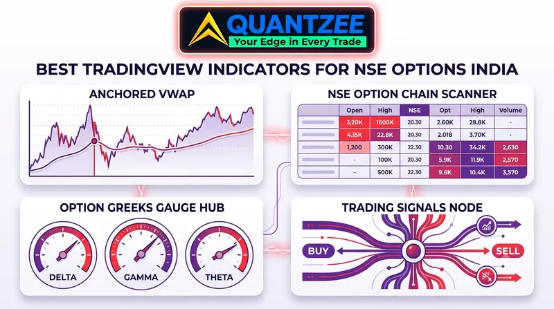 Best TradingView indicators for NSE options in India — anchored VWAP chart, NSE option chain scanner, Delta/Gamma/Theta option Greeks gauges and buy/sell signal node