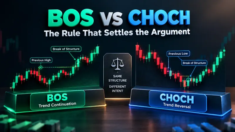 BOS vs CHoCH comparison showing break of structure as trend continuation and change of character as trend reversal on a market structure chart
