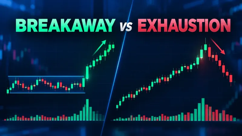 Breakaway gap vs exhaustion gap compared side by side on candlestick charts — a range breakout on rising volume versus a climax top reversal on a final volume spike