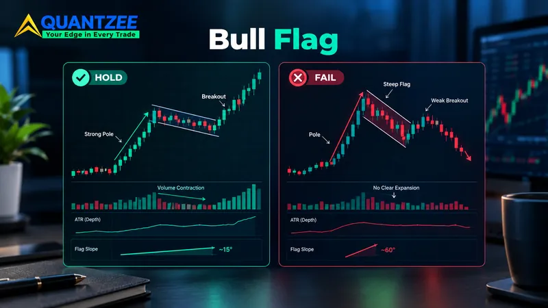 Split-screen bull flag diagram comparing a holding setup with a gentle 15-degree flag angle and shrinking volume against a failing setup with a steep 60-degree flag and no volume drop-off