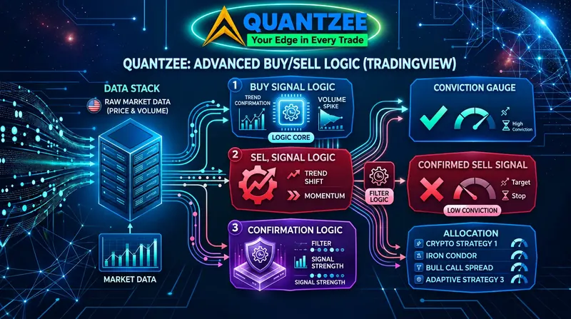 Buy sell indicator for TradingView — Quantzee signal logic: trend confirmation, volume spike and momentum filters producing non-repainting buy and sell signals