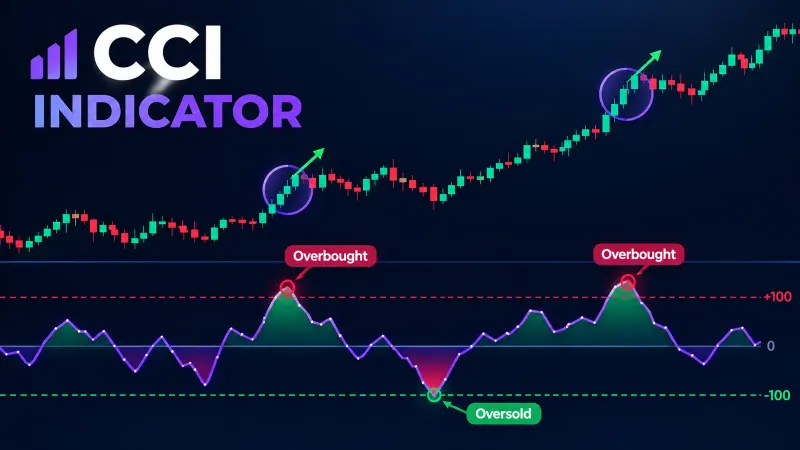 CCI indicator chart marking overbought and oversold readings at the +100 and -100 threshold lines against a candlestick price chart