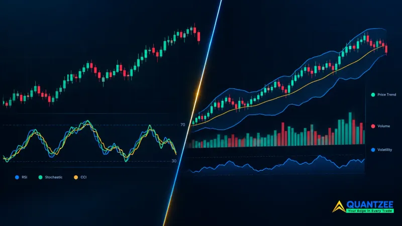 Split-screen chart comparing correlated confirmation and true confluence — the left pane stacks RSI, Stochastic and CCI oscillators that peak and trough together on the same price series, while the right pane pairs price trend with volume bars and a volatility band drawn from independent inputs