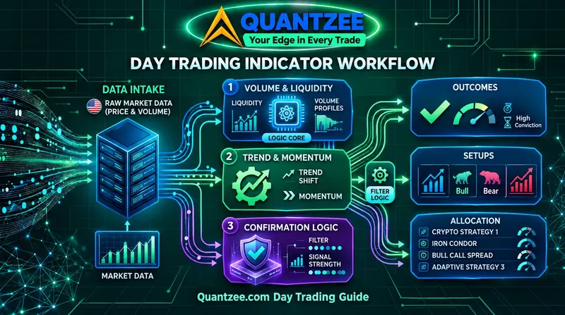 Day trading indicators workflow diagram: raw market price and volume data feeding three indicator layers — volume and liquidity, trend and momentum, and confirmation logic — filtered into high-conviction intraday setups and strategy allocation