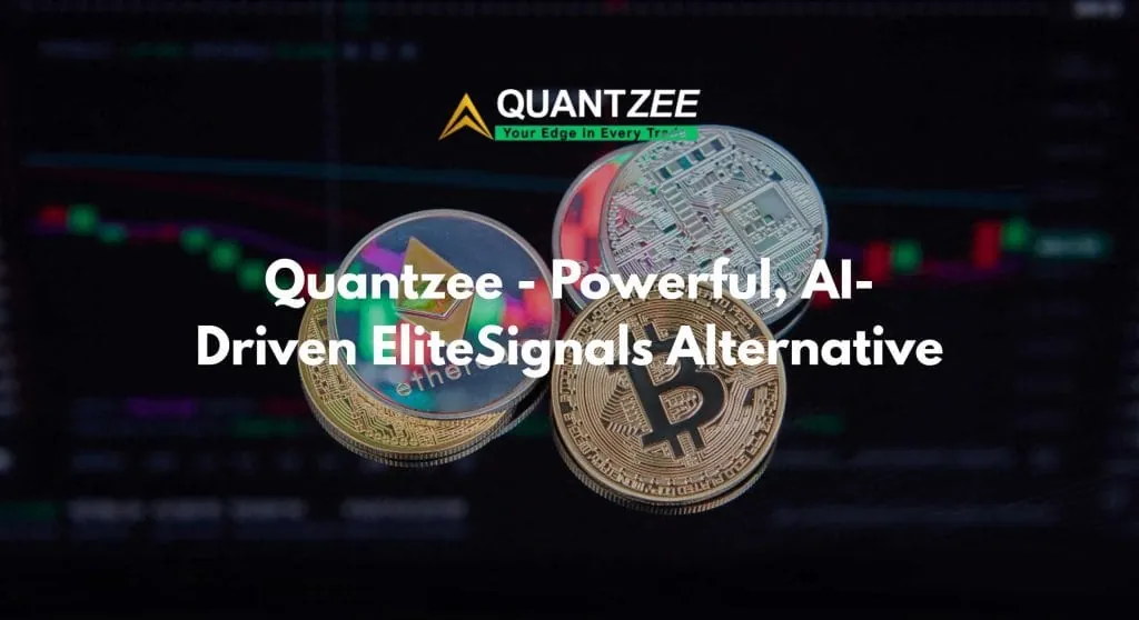 Quantzee — a powerful, AI-driven EliteSignals alternative: Bitcoin and Ethereum coins over a dark crypto candlestick chart with the Quantzee logo