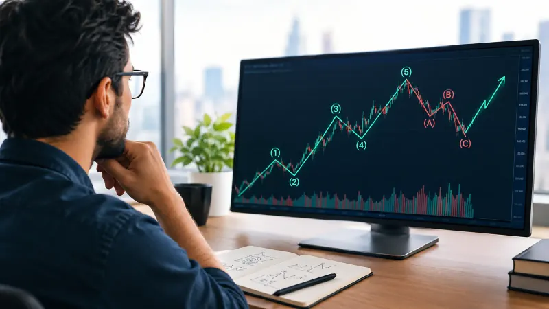 Trader reviewing an Elliott Wave count on a candlestick chart, with the five-wave impulse labelled 1 to 5 and the A-B-C correction marked below it