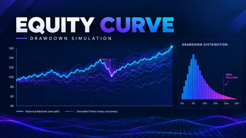 Equity curve simulator chart showing one historical backtest path against many simulated paths, with a marked drawdown and a drawdown distribution histogram flagging the 95th percentile