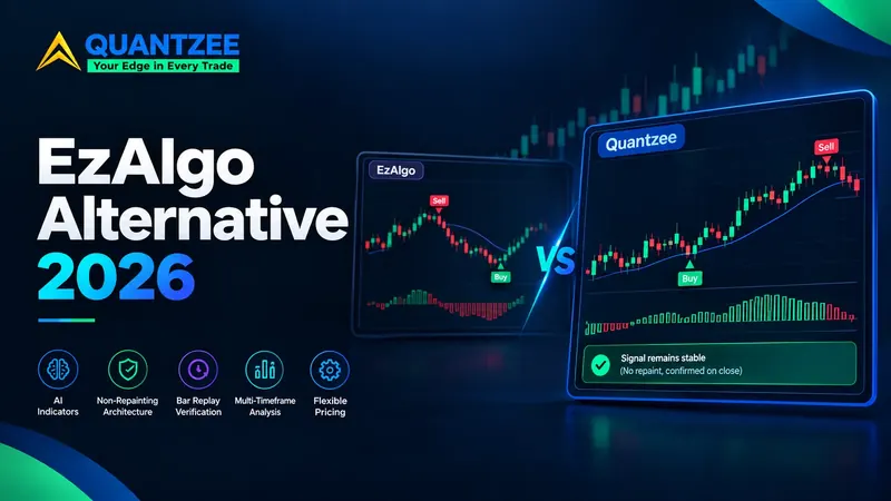 EzAlgo alternative comparison — EzAlgo buy and sell signals beside Quantzee's non-repainting TradingView chart signals confirmed on bar close