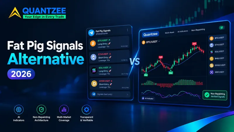 Fat Pig Signals alternative 2026 — Quantzee vs Fat Pig Signals side by side: Telegram text-only crypto alerts compared with Quantzee's on-chart non-repainting AI indicators, multi-market coverage and verifiable signals