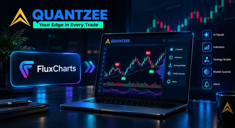 Quantzee vs FluxCharts comparison — Quantzee AI trading dashboard with non-repainting buy/sell signals, indicators, strategy builder, market scanner and alerts