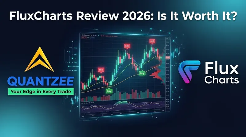 FluxCharts review 2026 — Quantzee vs FluxCharts comparison showing a TradingView candlestick chart with non-repainting buy and sell signals, volume profile and RSI, beside the FluxCharts logo