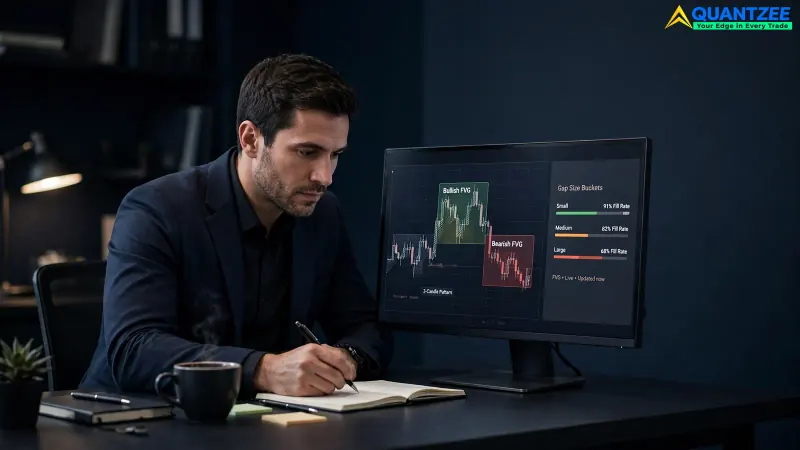 Trader analyzing a bullish and bearish fair value gap on a candlestick chart next to gap size fill rate buckets
