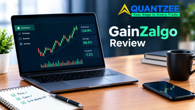 GainzAlgo review dashboard showing a TradingView-style backtest chart with total return, win rate, and drawdown stats next to the GainzAlgo logo