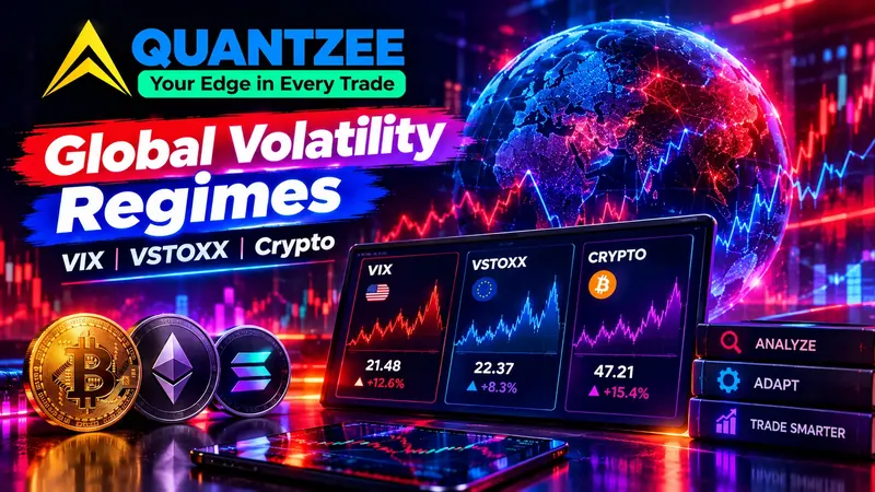 Global volatility regimes dashboard comparing VIX at 21.48, VSTOXX at 22.37 and crypto volatility at 47.21 on live implied-volatility charts, beside a world map and Bitcoin, Ethereum and Solana coins