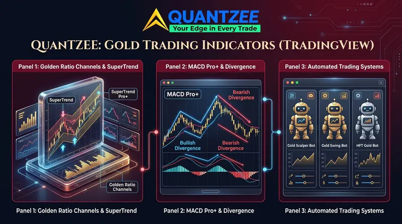 Gold and commodity trading indicators on TradingView — Quantzee infographic with three panels: Golden Ratio Channels and SuperTrend Pro+ on a gold chart, MACD Pro+ bullish and bearish divergence signals, and automated gold scalper, swing and HFT trading bots