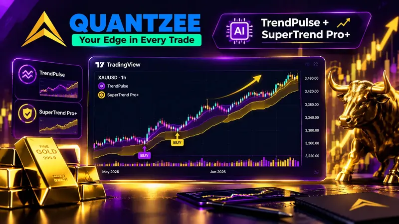 Gold silver rally 2026 — AI TrendPulse and SuperTrend Pro+ buy signals on a XAUUSD TradingView chart through the May–June 2026 gold breakout, with gold bars and a bull market backdrop