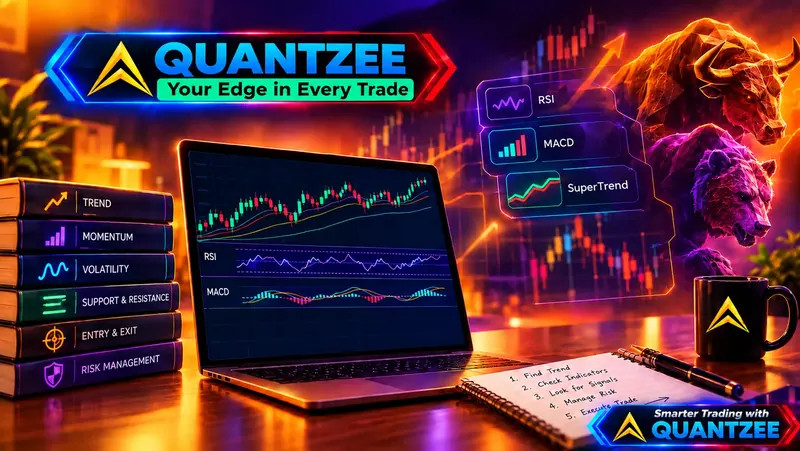 Trading indicators and signals guide — RSI, MACD and SuperTrend indicators on a Quantzee candlestick chart with bull and bear market signals