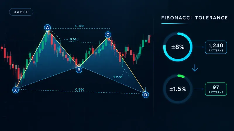 XABCD harmonic pattern on a candlestick chart comparing loose ±8% Fibonacci tolerance (1,240 patterns) against strict ±1.5% tolerance (97 patterns)