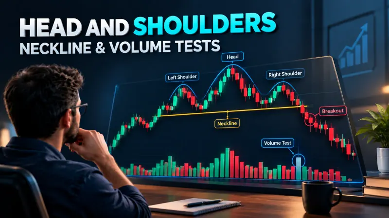 Head and shoulders chart pattern diagram showing left shoulder, head, right shoulder, neckline break, and volume confirmation bars