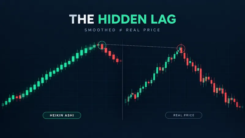 Heikin Ashi lag comparison — a smoothed Heikin Ashi candlestick chart beside the real price candlestick chart, with the reversal bar circled on each to show how smoothed candles hide the real entry price