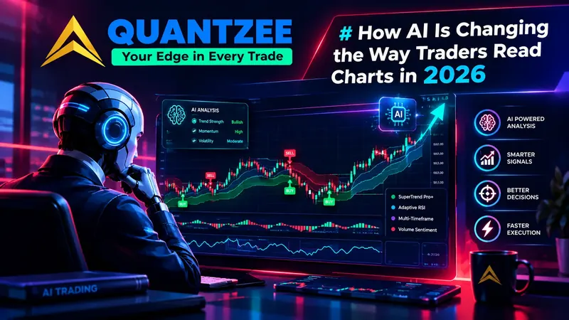 AI chart reading in 2026: a trader reviewing a candlestick chart with AI analysis of trend strength, momentum and volatility, adaptive RSI and SuperTrend buy/sell signals on the Quantzee indicator suite