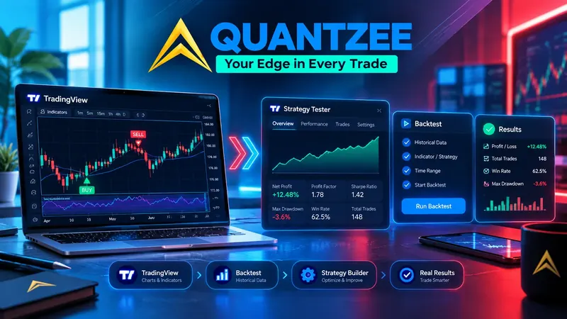 How to backtest a TradingView indicator — TradingView chart with BUY and SELL signals beside the Strategy Tester overview showing the backtest equity curve, net profit, profit factor, Sharpe ratio, max drawdown, win rate and total trades, with the Quantzee backtest workflow from historical data to results