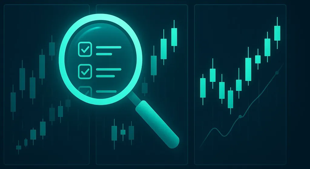A magnifying glass and checklist inspecting several candlestick chart panels, illustrating how to evaluate and choose a TradingView signal tool