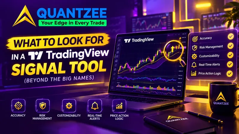TradingView chart on a laptop beside a checklist of signal tool criteria: accuracy, risk management, customizability, real-time alerts, price action logic